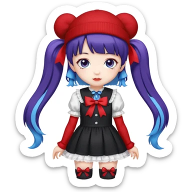 Chibi kawaii, violet eyes, black-blue twin tails, red ribbons, red beanie, black & white lolita dress with red accents, white thigh-highs, black mary janes, cute aesthetic. sticker
