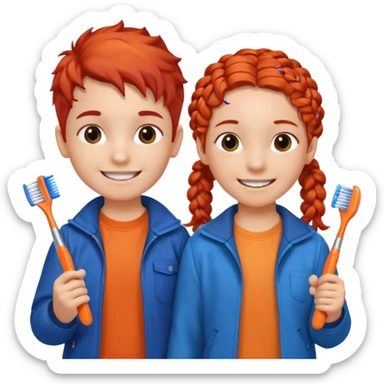 Two children smiling with toothbrushes in their hands. On the left is a girl with braided red hair, wearing a blue jacket and an orange shirt. On the right is a boy with curly black hair, wearing an orange shirt. Both are holding blue toothbrushes and look happy and healthy. sticker