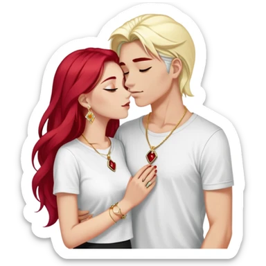 young 20 year old couple kissing, girl with long cherry red hair and dark blonde eyebrows wearing gold necklace with letter A, diamond gold ring, red bracelet and light clothes, boy with bright white hair wearing dark t-shirt and silver ring with black stone sticker