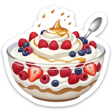 Yogurt bowl with strawberries, raspberries, Blueberries and whipped cream with a sprinkle of cinnamon and honey drizzled across the bowl sticker