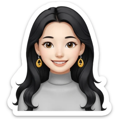 Korean 24-year-old female online shopping mall seller / white face / earrings / smiling expression / long wavy hair / influencer vibe / fashionable / black hair / silver earrings / skinny white turtleneck sticker