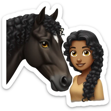Tan girl, long black curly hair, beautiful hazel eyes, next to a black Arabian horse sticker