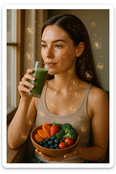 A highly realistic, cinematic portrait of a young woman in her late 20s with glowing, clear, healthy skin and a vibrant scalp with strong, shiny hair, symbolizing internal health reflecting outward. She has a calm, confident expression while sitting by a window with warm daylight softly illuminating her face, highlighting smooth, hydrated skin with a natural glow. Her hair appears clean, full, and strong, indicating a healthy scalp and balanced sebum production. She is drinking a glass of green smoothie rich in antioxidants and holding a bowl of colorful fruits and vegetables, symbolizing how internal nutrition supports skin and scalp health. Subtle, softly glowing overlays of molecular symbols for vitamins, minerals, and hydration molecules gently swirl around her, visually representing the concept of beauty and skin health from the inside out. Style: 35mm hyperrealistic film look, warm tones, soft depth of field, focusing on clear skin texture, healthy scalp, and vibrant hair to inspire holistic wellness sticker