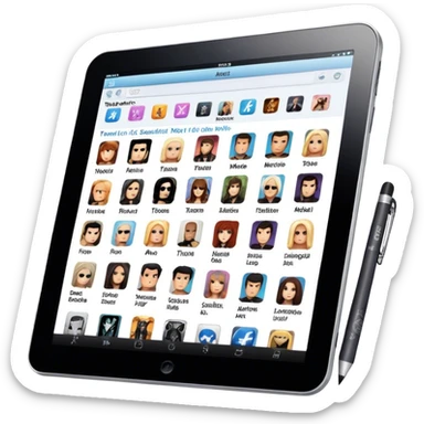 Create an emoji representing fanfiction writing. The design should feature a tablet with a screen displaying images of rock and movie stars, symbolizing the inspiration from popular culture. Next to the images, there should be visible text representing the fanfiction being written. A stylus should be placed near the tablet to emphasize the act of writing. Use a creative and expressive color palette with vibrant and neutral tones. Do not include any emojis or smiley faces. Make the background transparent. sticker