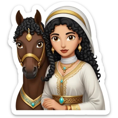 Middle Eastern woman with black curly hair and well defined eyebrows wearing a traditional dress holding into a Arabic horse  sticker