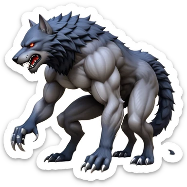 cinematic-noble-fierce-werewolf-full body on all fours-emoji, poised-and-imposing, with a tall, lean, and muscular wolfish frame inspired by the brutal, imposing shape of the beast from Berserk, fur rippling in shades of midnight black and silver, massive paws with razor-sharp claws, elongated limbs and fangs, eyes glowing with an intense, primal ferocity, reflecting the untamed power of the wild moonlit night; rendered with realism like a wolf hunched over battle ready pose ready to attack sticker