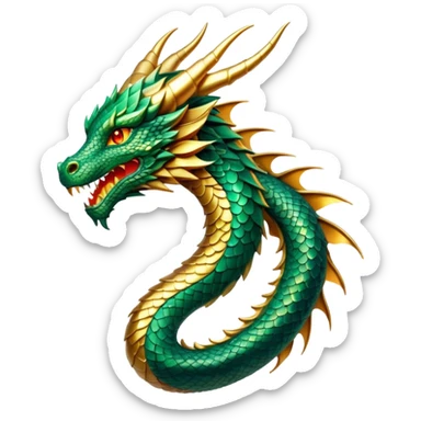 cinematic-noble-dragon-portrait-emoji,-poised-and-majestic,-with-a-sinuous,-elongated-body-covered-in-intricately-detailed,-shimmering-scales-in-hues-of-emerald-and-gold,-and-piercing,-fiery-eyes-that-reflect-ancient-wisdom; Breathing fire sticker