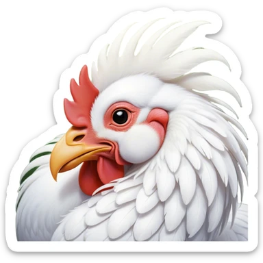 Meme-Worthy Cute Sleeping White Rooster Portrait Emoji, Head resting peacefully with a contented smile, showcasing a robust build and a luxuriously soft pure white plumage, eyes shut in a serene, restful nap, Simplified yet hilariously adorable features, highly detailed, glowing with a soft, drowsy light, high shine, relaxed and utterly lovable, stylized with an air of playful laziness, bright and heartwarming, soft glowing outline, capturing the essence of a comically sleepy rooster, so meme-worthy it feels like it could instantly become the next viral sensation of adorable slumber! sticker