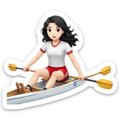 girl with long black wavy hair, white skin, wearing red shorts and white short-sleeve t-shirt, sitting in a professional Olympic rowing boat rowing, facing fully right sticker