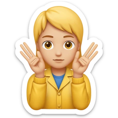 An standard yellow-color emoji that looks very serious and has his hands clasped while making a peace sign infront to portray a meaning of deep thinking or serious consideration. sticker