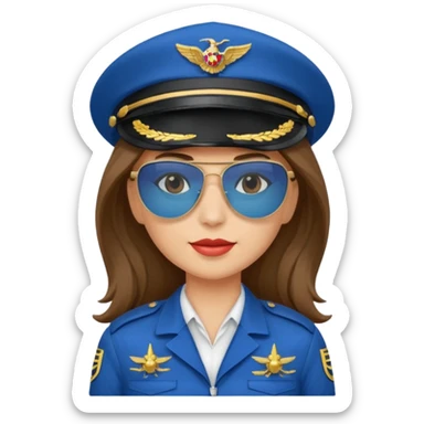 pilote d'avion femme cheveux brun clair avec sunglasses et chapeau de pilote et uniforme bleu sticker