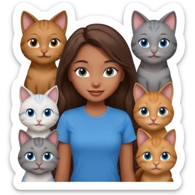 a pretty bratz dusky girl with long brown hair, blue eyes with six cats nd wearing a grey tshirt sticker