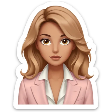 A 30-year-old woman with tanned skin, light brown long wavy hair, delicate face, almond-shaped eyes with smoky foxy eye makeup, brown eyes, wearing a light pink blazer and white satin cowl neck blouse with thin straps sticker