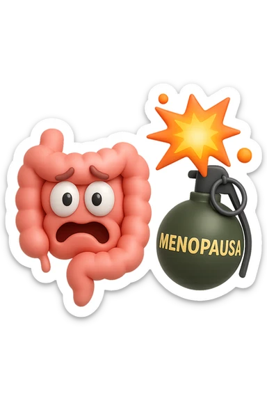 EMOJI STILE IPHONE 3D DI INTESTINO 3D CON ESPRESSIONE SPAVENTATA IN VOLTO MENTRE ACCANTO A LUI SCOPPIA UNA GRANATA 3D CON LA SCRITTA "MENOPAUSA" SOPRA, FAGLI ANCHE LA PARTE BIANCA DEGLI OCCHI, NON SOLO LA PUPILLA sticker
