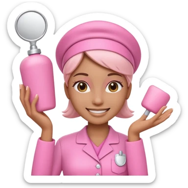 3D emoji of an esthetician wearing a pink uniform and smiling in a clean beauty studio sticker