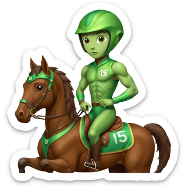 alien riding horse wearing racing cloth with number 15 sticker