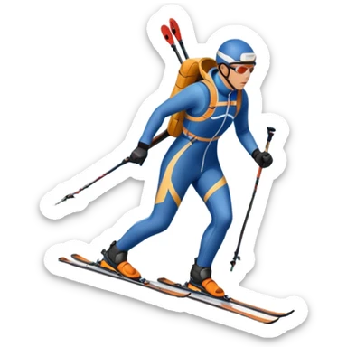 An icon featuring a biathlete skiing along a winding trail with a rifle on their back, surrounded by a beautiful snowy landscape with mountains and pine trees. A target range appears in the distance. Transparent background highlights the blend of endurance, precision, and winter beauty. sticker
