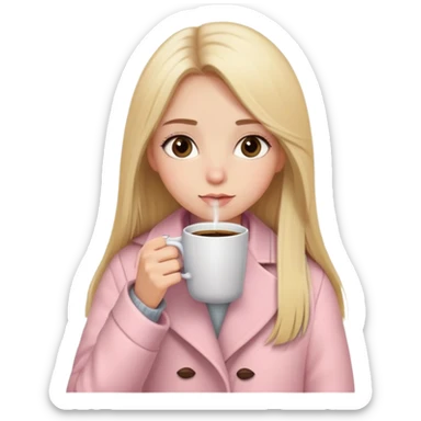 Long blonde straight hair girl drinking coffee, small brown almond eyes, with a soft pink cozy coat sticker