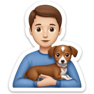 Man with brown hair and white skin carrying a chiweenie sticker