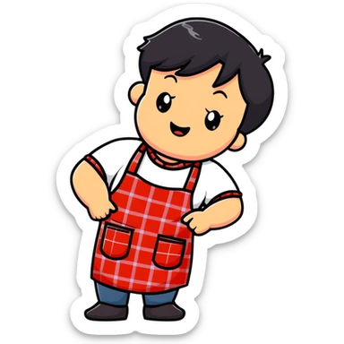 chubby boy with black hair styled upward in front, wearing a red and white checkered plaid apron sticker