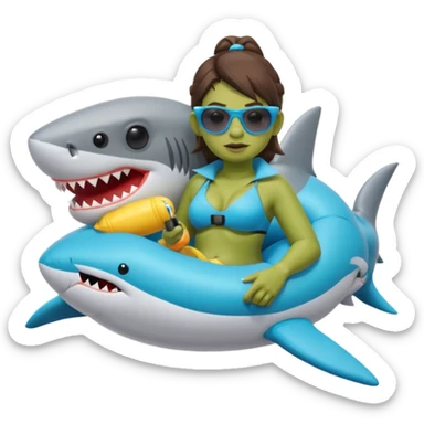 orc female sitting in an inflatable floatie shaped like a shark, wearing oversized sunglasses and a whistle on a neck cord, 2d sticker