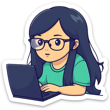 Girl with long black hair, glasses, nostril piercing, and a computer sticker