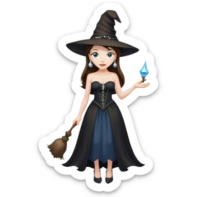 woman brunette, very large breasts, pale skin, blue eyes, long brown hair, black strapless dress, witch hat, pearl earrings, smirking, in black heels, standing, head to toe, full body, zoomed out, entire outfit visible sticker