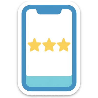 Smartphone icon with three yellow stars aligned in a row on the screen, flat emoji style, outline with blue and turquoise colors, screen filled solid white sticker