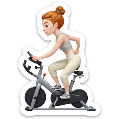 Fit Ginger girl big head messy bun riding stationary bike cream sweatpants sticker