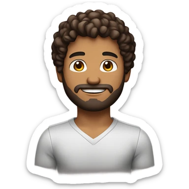 men holding his computer in hands. light brown skin men with curly dark brown hair, brown eyes, little grown beard. ust a tiny bit muscular. dressed casual. round face. sticker
