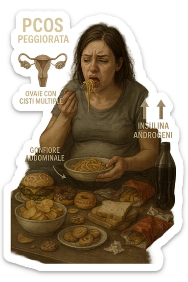 Donna tra i 25 e i 35 anni seduta sul divano o a un tavolo disordinato, circondata da cibi sparsi e poco sani: patatine, dolci, pane bianco, snack confezionati, bibite. Mangiando di fretta, ha un’espressione stanca e frustrata. Intorno a lei, in trasparenza o come illustrazione simbolica, si vedono gli effetti della PCOS peggiorata: ovaie con cisti multiple, squilibrio ormonale (↑ insulina, ↑ androgeni), gonfiore addominale. Sullo sfondo, orologio che corre o caos visivo che comunica disorganizzazione alimentare. Colori spenti e atmosfera stanca. Stile realistico con elementi simbolici e informativi. in italiano sticker