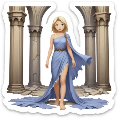 Female figure standing barefoot in ruined cathedral, dress slipping from shoulder sticker