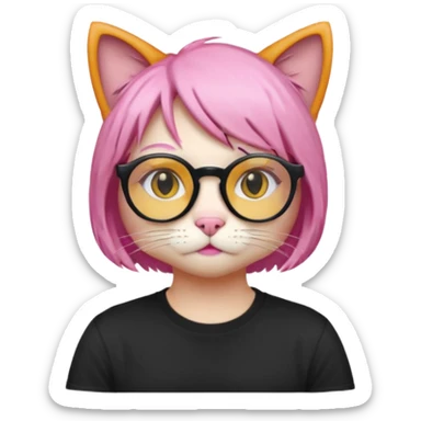 Orange Yellow cat wearing a little pink hair wig, black circle glasses, white T-shirt sticker