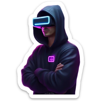 Russian man wearing a black hoodie with "OMG" letters on it and VR headset in a cyberpunk VR environment with violet neon lighting. sticker