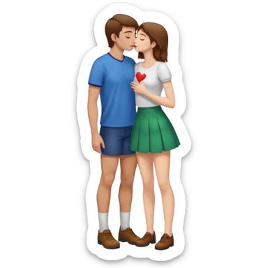 A naked girl with brown hair and bare small breasts openly kisses a tall guy with brown hair full-length on the lips. she is with naked boobs She is wearing a very short skirt and is in full height. sticker