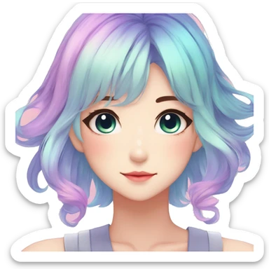 Gorgeous anime style shojo character with blushing face aesthetic and pretty colorful shiny gradient pastel hair with hair garment trending style sticker