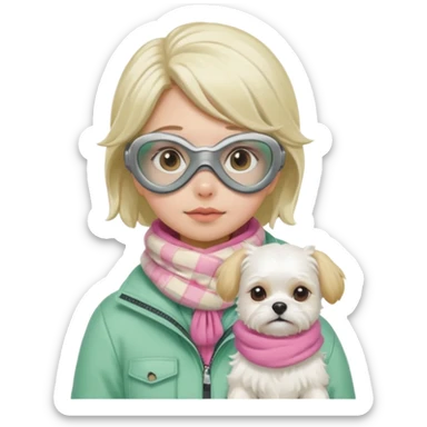 female character in cozy winter outfit, soft pastel green jacket, beige plaid scarf, snorkel mask with pink detailing, holding cute white Maltese dog, sad expression, bright and clear, Apple emoji style sticker