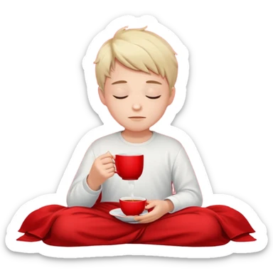 A European boy is sitting comfortably under a blanket, wrapped in a red blanket, drinking tea with his eyes closed. sticker
