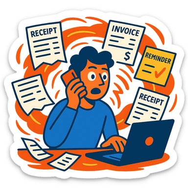 person holding a phone in one hand, laptop open in front, storm of receipts, invoices, and reminders swirling around, multitasking chaos sticker