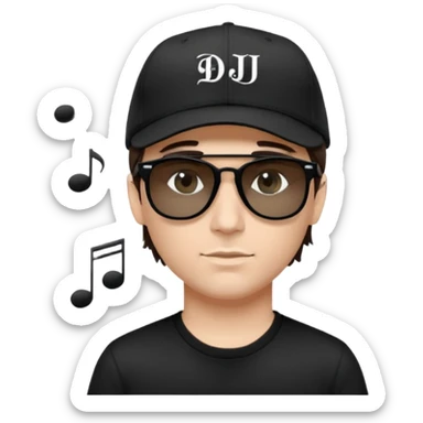 Emoji of a white man with short dark brown hair under a black baseball cap, wearing a black t‑shirt and 1980s‑style black Ray‑Ban rectangle sunglasses black lenses, with black musical notes floating around his head,  word "DJ DLG" written on the hat sticker