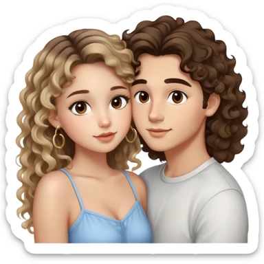 cute girl long brunette balayage curly/wavy not voluminous hair, brown eyes, hoop earrings, natural pretty clean makeup: kissing on the cheek a cute boy blondish straight hair and brown eyes sticker