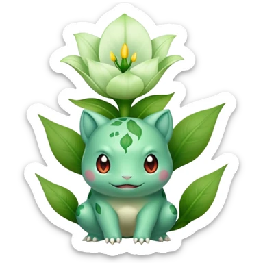 Bulbasaur with a small green, unopened plant bulb with layered petals, resembling a lily bud on back sticker