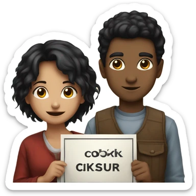 a girl with black hair  and a boy with black hair holding a banner saying cioksukur sticker