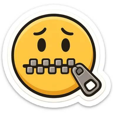 Crea una versione in stile cartoon sticker, ispirata a questa immagine: emoji gialla con occhi semplici e bocca chiusa da una cerniera. sticker