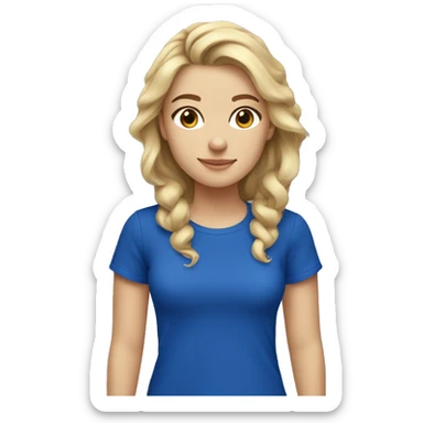 Blonde girl with brunette roots, light brown eyes, fair skin, wearing a royal blue tshirt sticker
