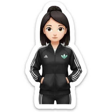 A girl with  medium-length, dark hair, fair skin. The style is a soft, layered cut that falls around her shoulders. wore black Adidas track jacket with white stripes on the sleeves. It has a full zipper down the front, a stand-up collar, and the Adidas logo on the right chest emoji sticker