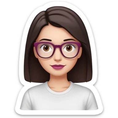 White woman with long straight dark brown hair, divides in the middle, dark Brown eyes, light tortoiseshell framed glasses (no pink colour). The lips have soft dark old pink coloured lipstick, and lith smile (no teeth showing). No pink make-up in the eyes. The t-shirt is White. sticker