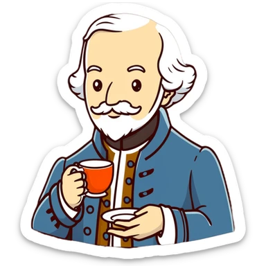 Adam Smith with a scholarly appearance, beard, 18th century attire, enjoying a cup of tea sticker