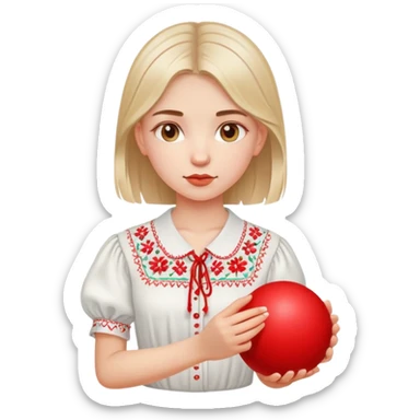 Ukrainian young girl in a white embroidered shirt holds a red ball of thread in her hand sticker