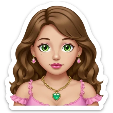 Girl girl with long wavy brown hair with middle part, green gold eyes, plus size, pink frilly top, right nostril gold nose ring, small pink heart crystal necklace  sticker